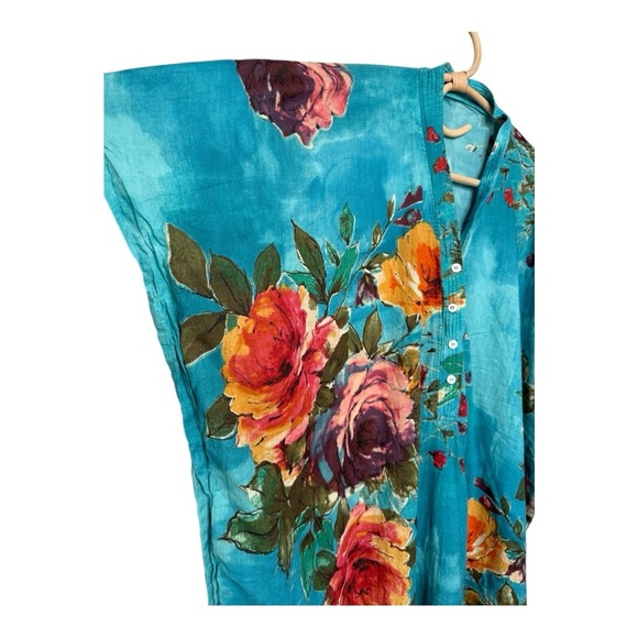 Aqua Bold Floral Split‎ Neck Button Womens Kaftan Aloha Tropical Cover Up OSFA - Picture 4 of 11